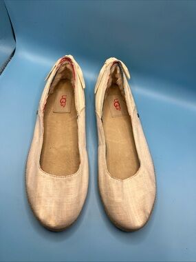 UGG Perrie White Canvas Skimmer Flats Espadrilles Back Bow Women's Size 7 Sample